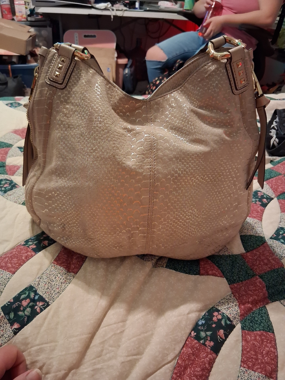 Aimee Kestenberg Taupe Metallic Hobo Shoulder Bag